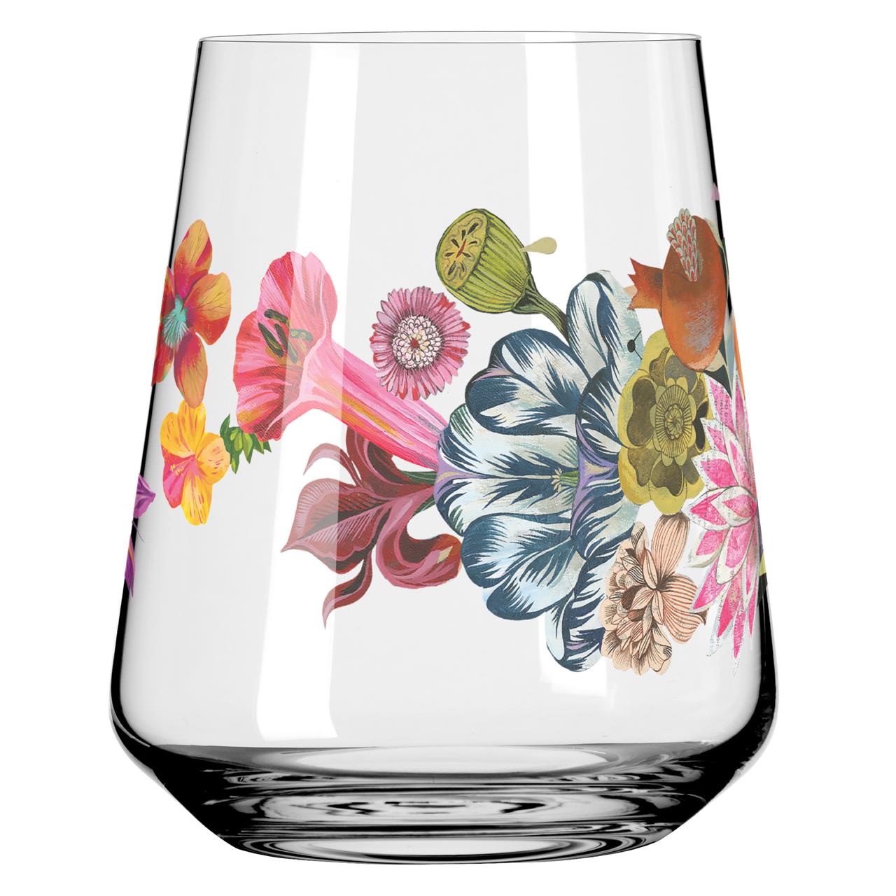 Das Glas zeigt ein farbenfrohes Blumenmuster mit vielen verschiedenen Blüten. Das Design wirkt lebendig und verziert die Glasoberfläche elegant.
