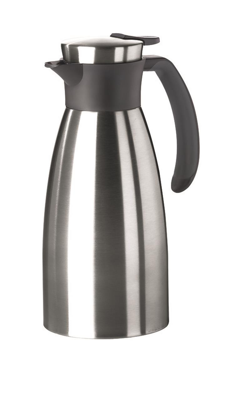 Die Abbildung zeigt eine Isolierkanne aus Edelstahl mit einem Fassungsvermögen von 1,5 Litern. Sie hat einen schwarzen Griff mit Soft Grip und einen praktischen Ausgießer.