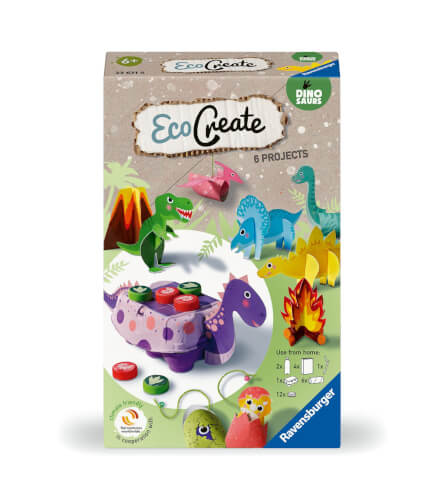 Auf dem Bild ist eine Bastelbox namens "EcoCreate" von Ravensburger zu sehen, mit dem Thema Dinosaurier. Die Box enthält Materialien für sechs verschiedene Bastelprojekte rund um Dinosaurier.