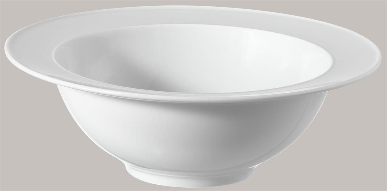 Die Abbildung zeigt eine kleine, runde Salatschale aus weißem Porzellan mit breitem Rand. Die Schale hat einen Durchmesser von 24 cm und trägt den Namen "Urania Weiss".