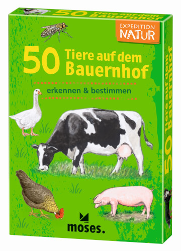 Auf dem Bild ist eine grüne Box mit dem Titel "50 Tiere auf dem Bauernhof" zu sehen. Auf der Verpackung sind verschiedene Bauernhoftiere wie Kuh, Schwein, Gans und Huhn abgebildet.