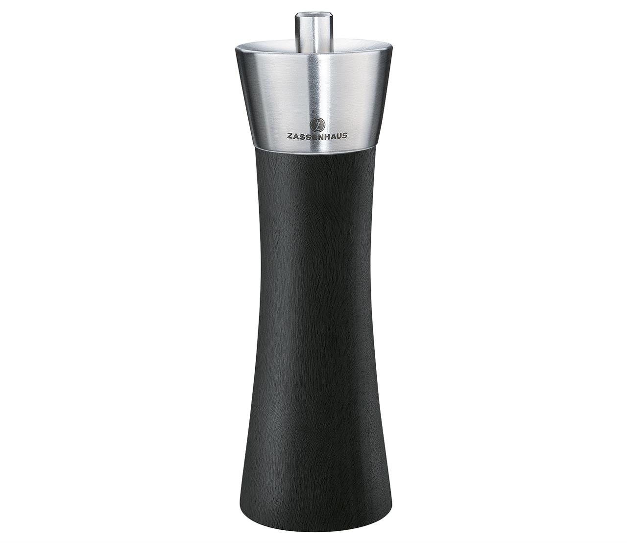 Dies ist eine Salzmühle namens "Augsburg", die 18 cm hoch ist und in Schwarz gehalten ist. Sie hat einen eleganten, modernen Look mit einem silbernen Kopf.