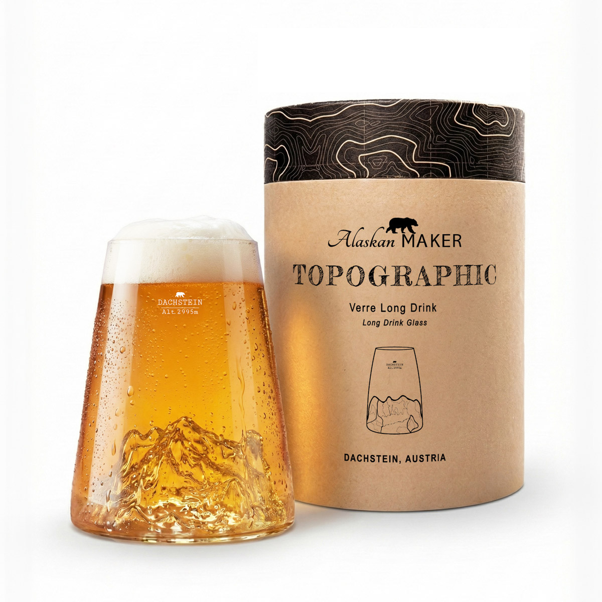 Longdrinkglas mit topografischem Muster des Dachsteins. Das Glas trägt den Namen Glas - Topographic Dachstein.