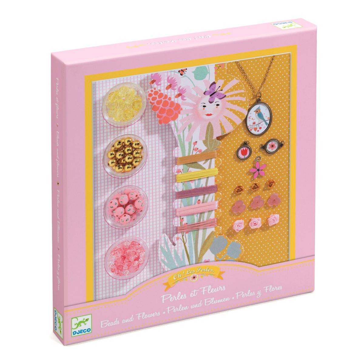 Auf dem Bild ist das Produkt "Handarbeit - Perlen & Schmuck Blumen" zu sehen. Die Verpackung zeigt bunte Perlen und Schmuckstücke sowie eine hübsche Blumenillustration.