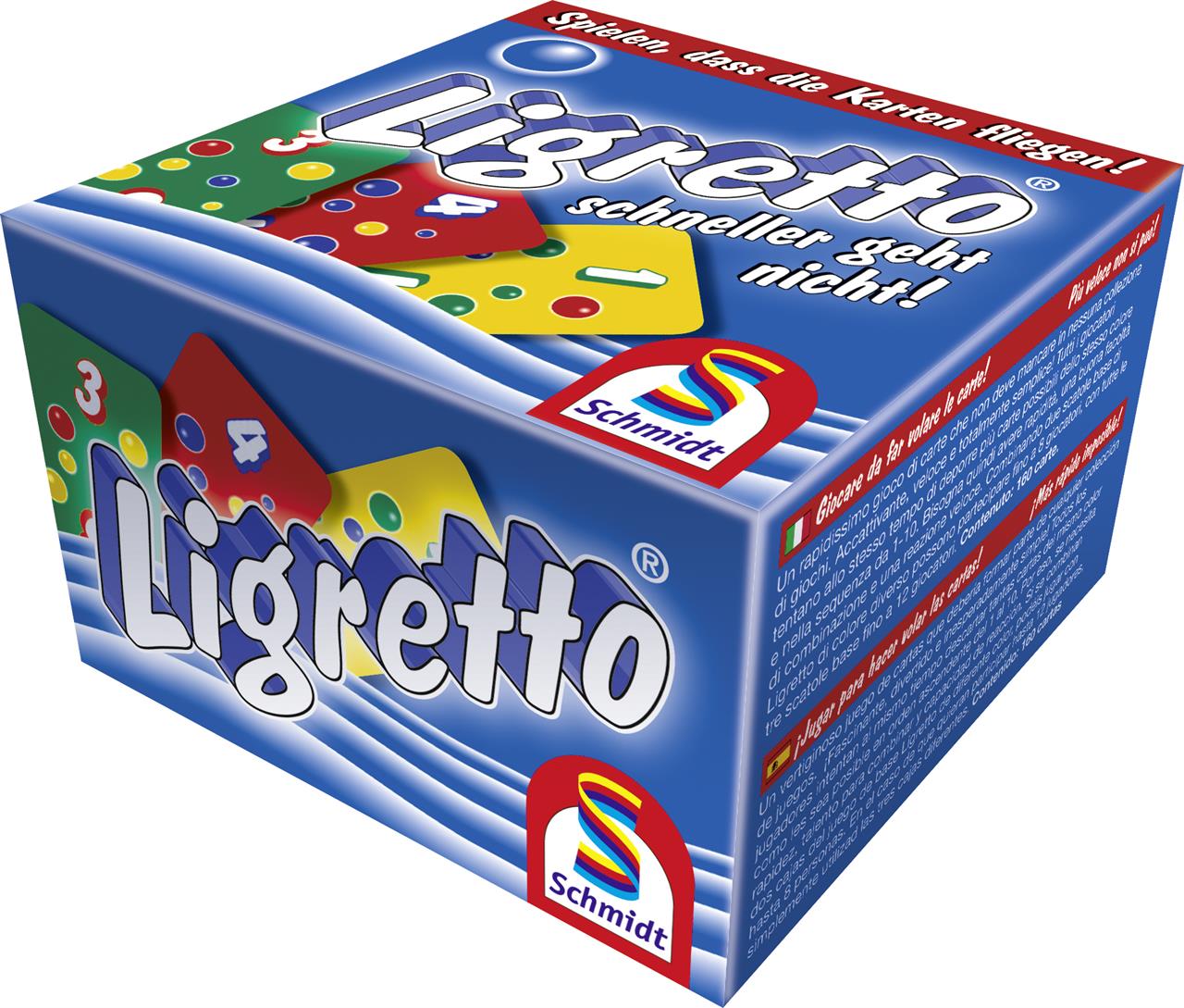 Dies ist eine Packung des Spiels "Ligretto® blau" von Schmidt Spiele. Auf der Verpackung sind bunte Spielkarten und der Schriftzug "Ligretto" abgebildet.