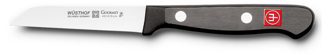 Das Bild zeigt ein Gemüsemesser mit einer 8 cm langen Klinge aus der Gourmet-Serie. Das Messer hat eine schwarze Griffschale mit zwei silbernen Nieten und einem roten Logo.