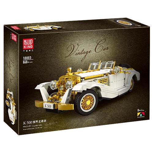 Auf dem Bild ist die Verpackung des Produkts „Mould King® 10003 K500 Oldtimer“ zu sehen. Das Set zeigt ein detailreiches Modell eines klassischen Vintage-Autos.