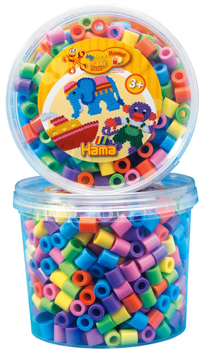 Die Abbildung zeigt eine Dose mit bunten Hama Maxi-Perlen in Pastellfarben. In der Dose befinden sich 600 Stück, geeignet für Kinder ab 3 Jahren.