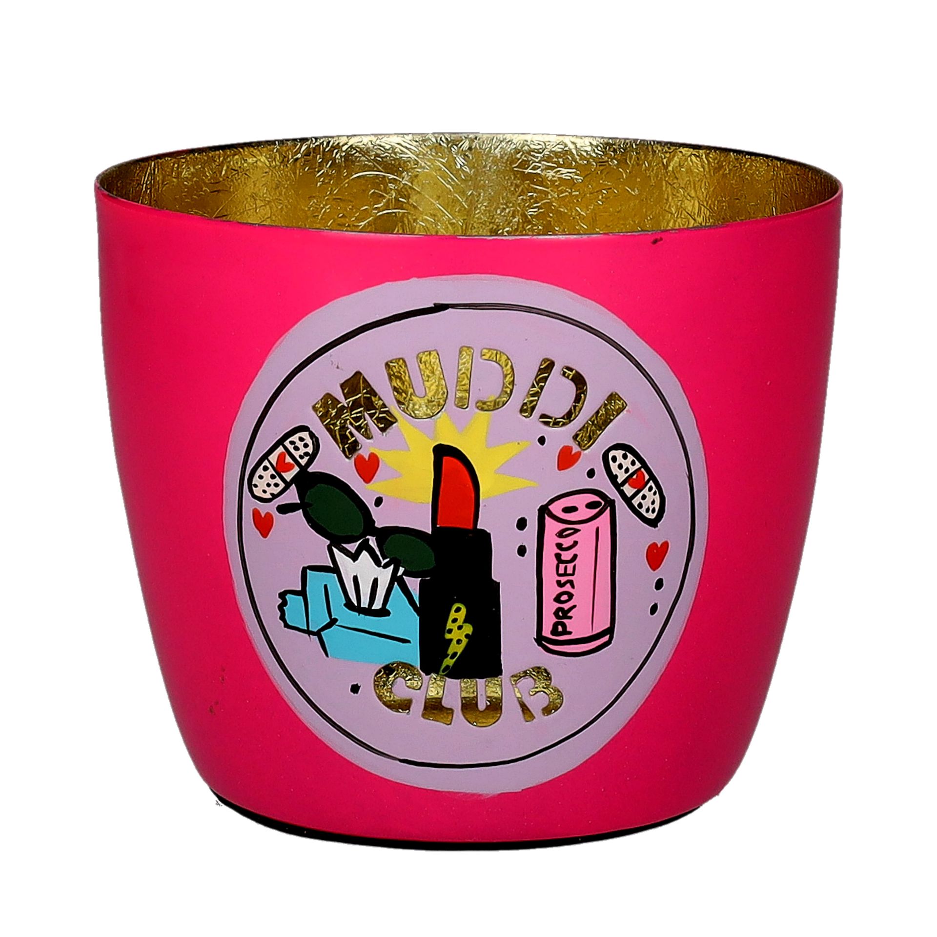 Auf dem Bild ist das Windlicht 'Madras' in Größe M mit dem Motiv 'Muddi Club' in Hot Pink zu sehen. Es bringt Farbe und ein modernes Statement in jeden Raum.