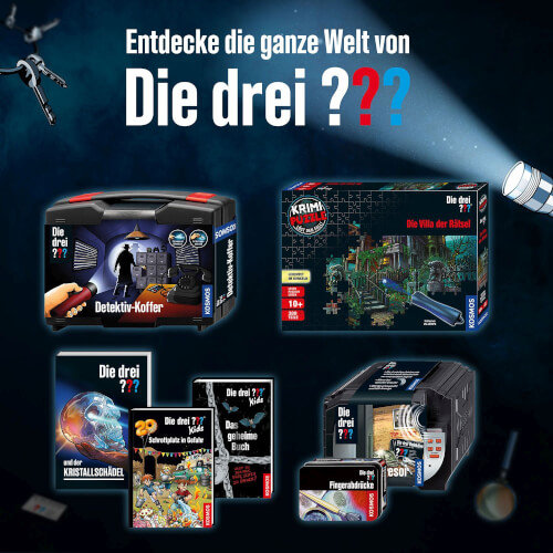Auf dem Bild sind verschiedene Detektiv-Spiele und Bücher von "Die drei ???" zu sehen. Der Hintergrund ist dunkel und eine Taschenlampe beleuchtet die Produkte.