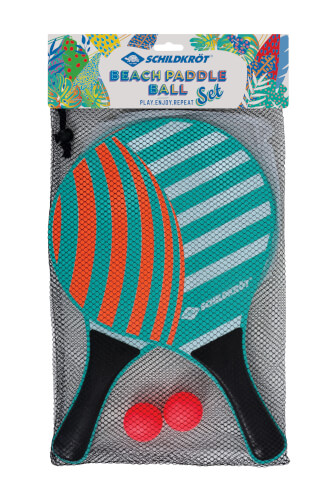 Das Bild zeigt ein Beach Paddle Ball Set mit zwei bunten Schlägern und zwei roten Bällen in einem schwarzen Netzbeutel. Auf der Verpackung steht "Schildkröt Beach Paddle Ball Set".