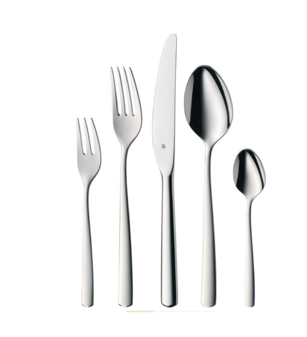 Das Bild zeigt ein Besteck-Set mit Messer, Gabel, Löffel, Kuchengabel und Teelöffel. Das Besteck ist schlicht und modern gestaltet.