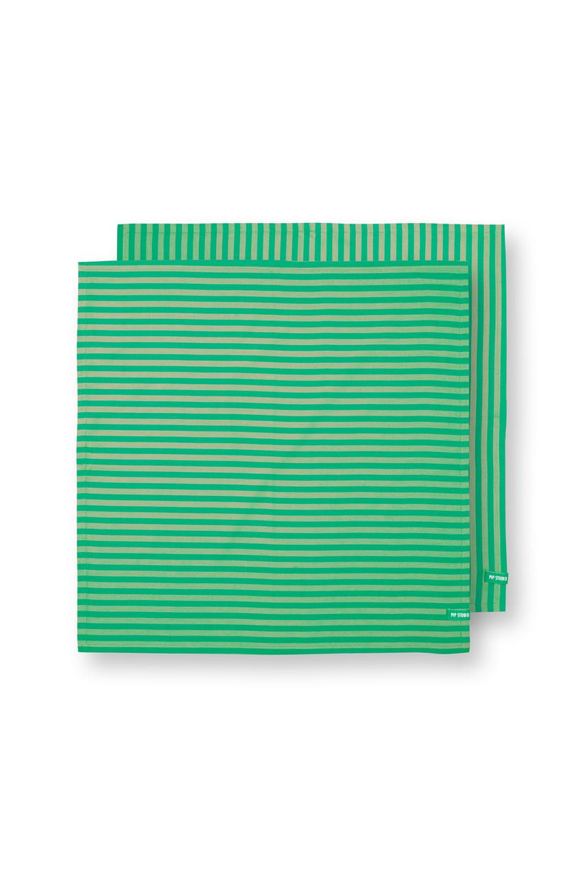 Das Bild zeigt zwei grüne Geschirrhandtücher mit Streifenmuster. Sie haben die Größe 65x65 cm und sind im 2er-Pack erhältlich.