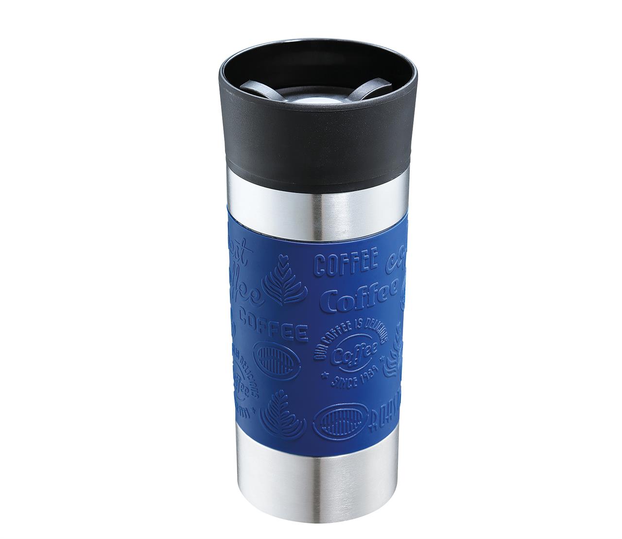 Dies ist ein Isoliertrinkbecher VIAGGIO mit einem Fassungsvermögen von 360 ml in Blau. Der Becher besteht aus Edelstahl und hat eine rutschfeste, blau gummierte Oberfläche mit Kaffeebezug.