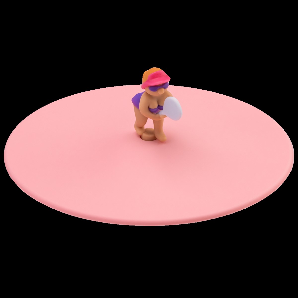 Das Bild zeigt den Produktdeckel "Mein Deckel Tina Tennis" in Rosa. Auf dem Deckel steht eine kleine Figur einer Frau im Badeanzug mit Sonnenhut und Tennisschläger.