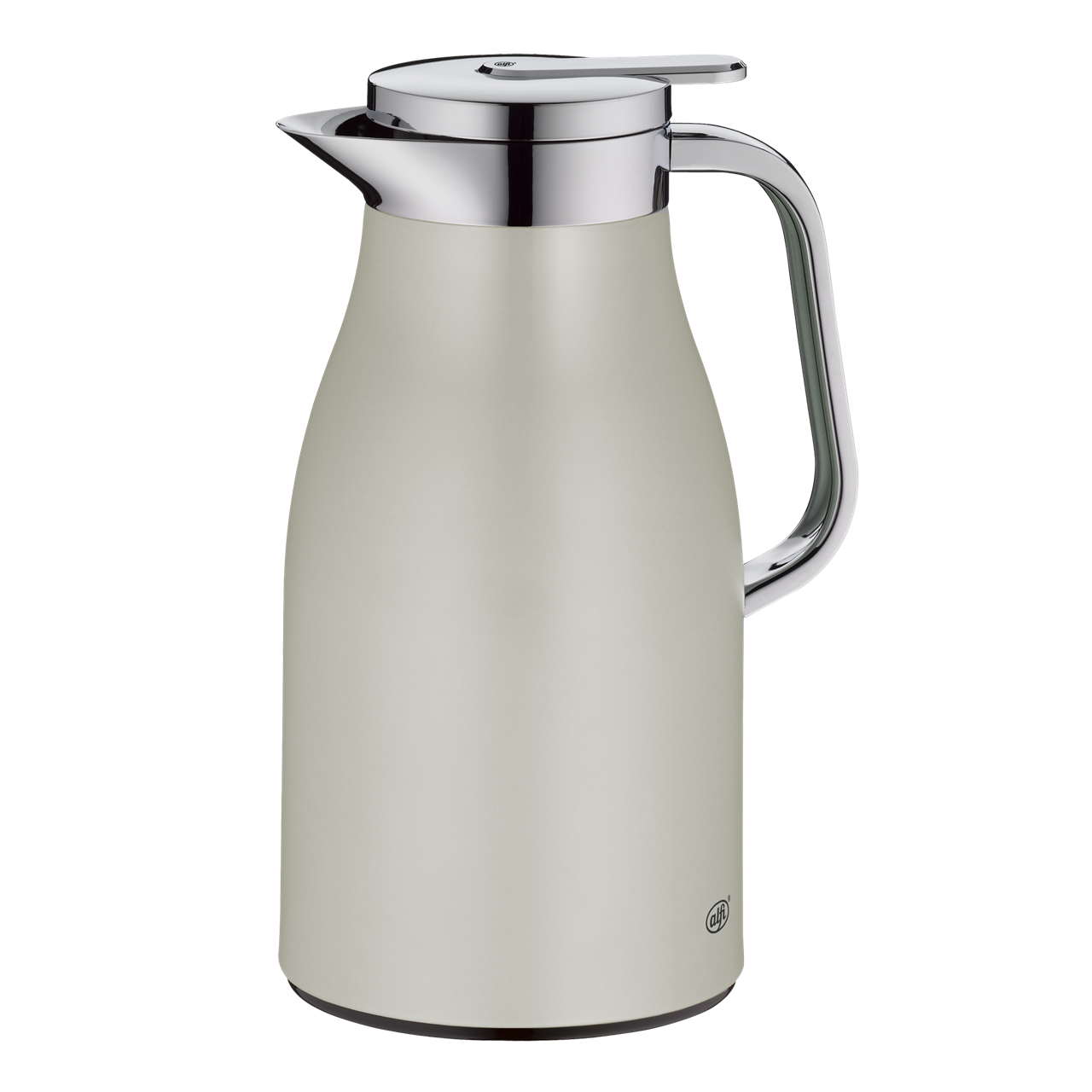 Die Abbildung zeigt eine Isolierkanne mit silberner Oberfläche und einem Fassungsvermögen von 1,0 Liter. Der Griff und der Deckel sind aus glänzendem Metall gefertigt.