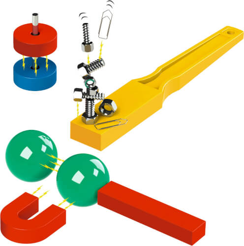 Das Bild zeigt verschiedene Beispiele für Magnetismus. Es sind Magnete abgebildet, die metallische Objekte anziehen.