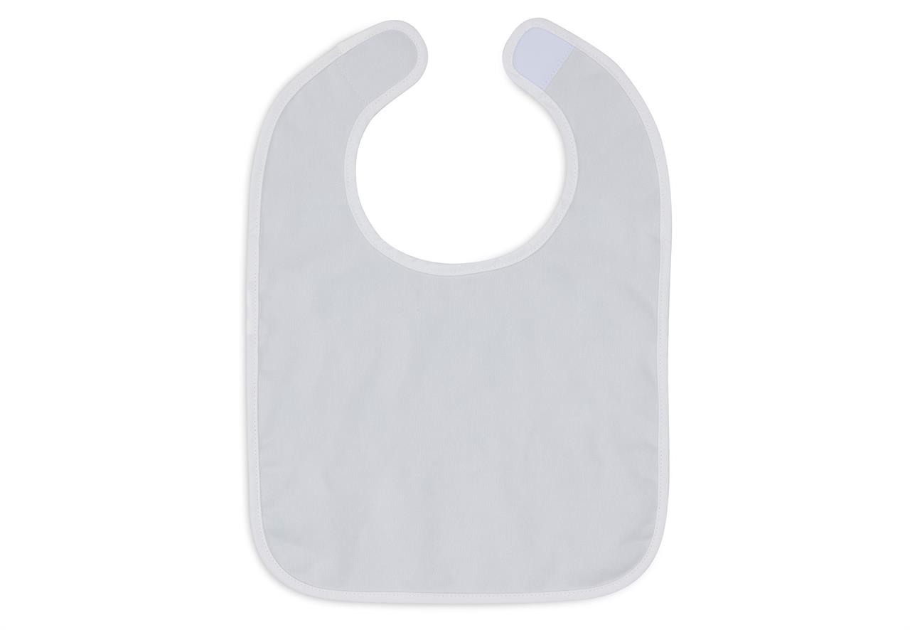 Auf dem Bild ist ein wasserdichtes Lätzchen in einem schlichten, hellen Design zu sehen. Es hat einen Klettverschluss am Hals und eignet sich ideal für Babys und Kleinkinder.