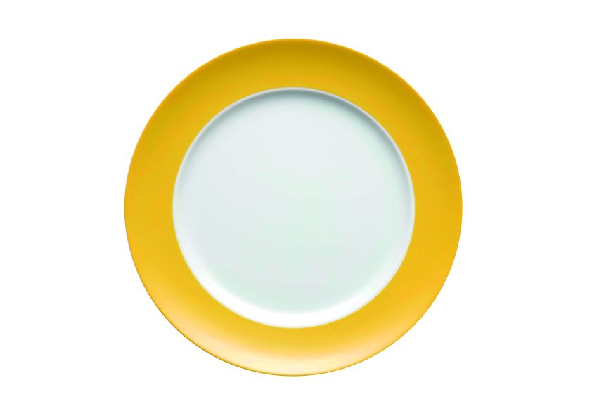 Der Teller hat einen gelben Rand und eine weiße Mitte. Er hat einen Durchmesser von 27 cm und gehört zur Serie "Sunny Day / Yellow".