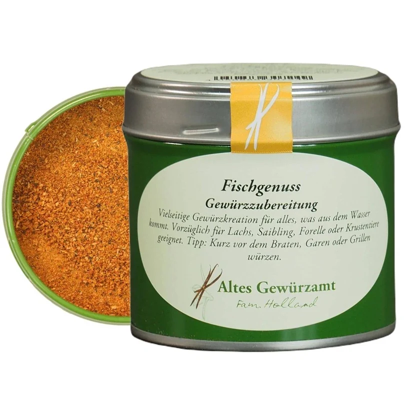 Eine Dose Fisch Gewürzzubereitung 75g ist abgebildet. Die Verpackung zeigt eine Gewürzmischung speziell für Fischgerichte.
