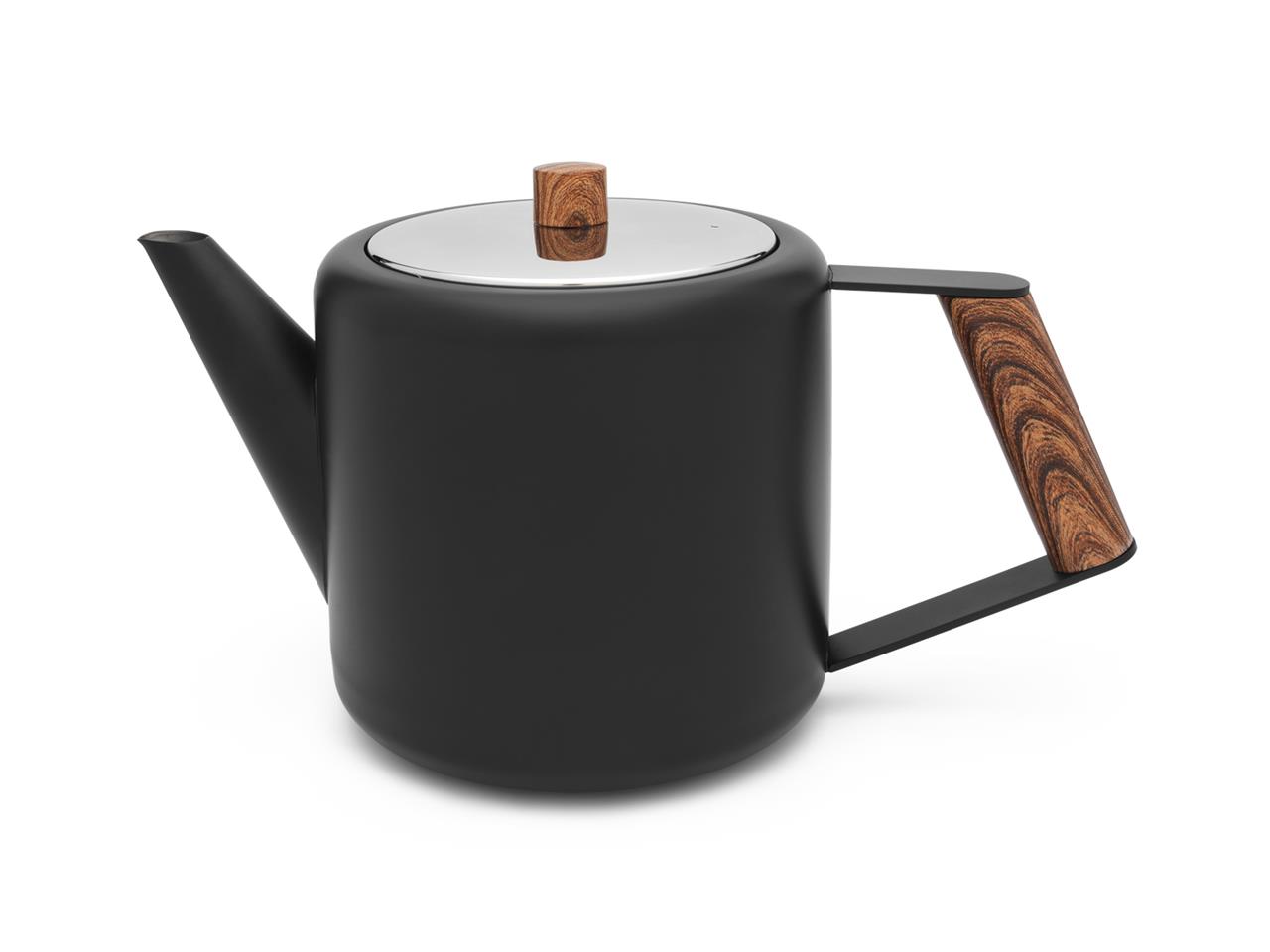 Die Teekanne Duet Boston 1,1L ist schwarz matt und hat Holz-Akzente am Griff und Deckel. Sie wirkt modern und elegant zugleich.