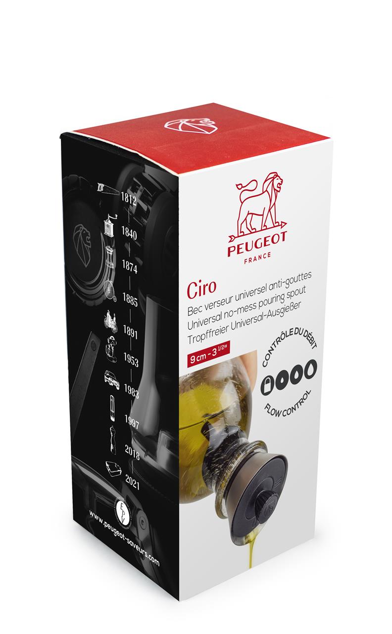 Die Verpackung zeigt den Öl- und Essigausgießer „Ciro“ von Peugeot. Auf der Vorderseite ist das Produkt beim Ausgießen zu sehen, sowie das Peugeot-Logo und Informationen zur Tropffreiheit und Durchflusskontrolle.