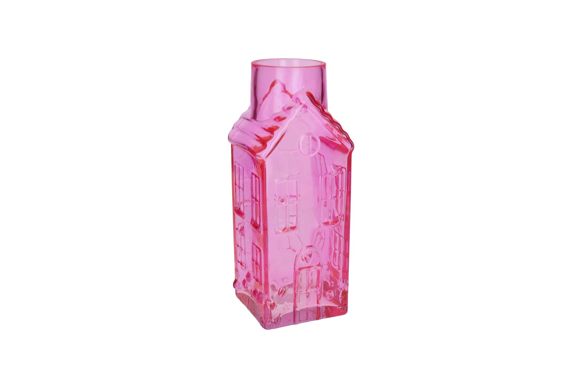 Gezeigt wird Jacquard, Vase Haus 30cm Höhe, hot pink. Die Vase ist 30 cm hoch und in einem intensiven Pinkton gestaltet.