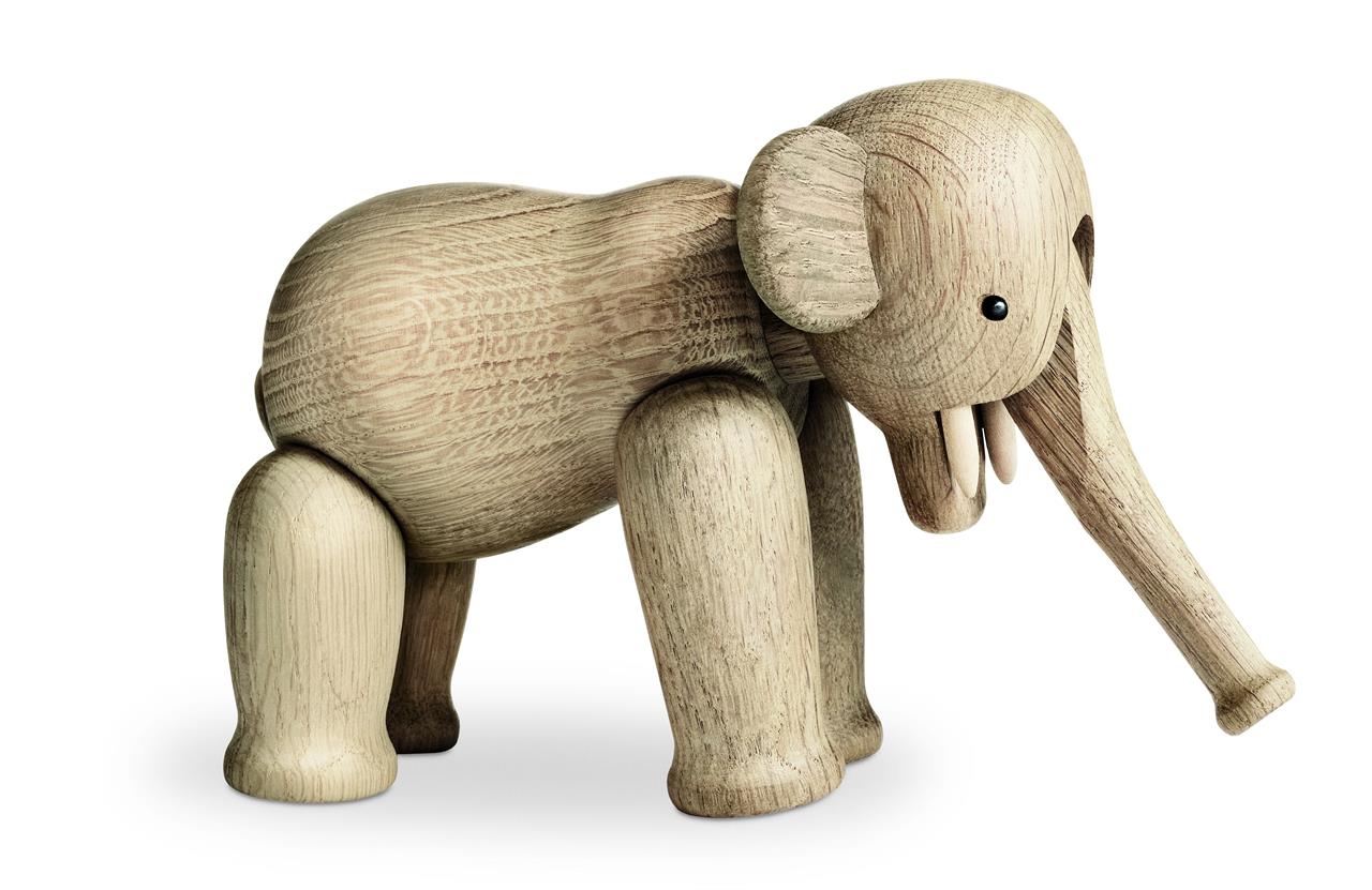 Das Bild zeigt ein Elefantenspielzeug aus Holz. Das Produkt heißt "Elefant" und hat bewegliche Beine und einen langen Rüssel.