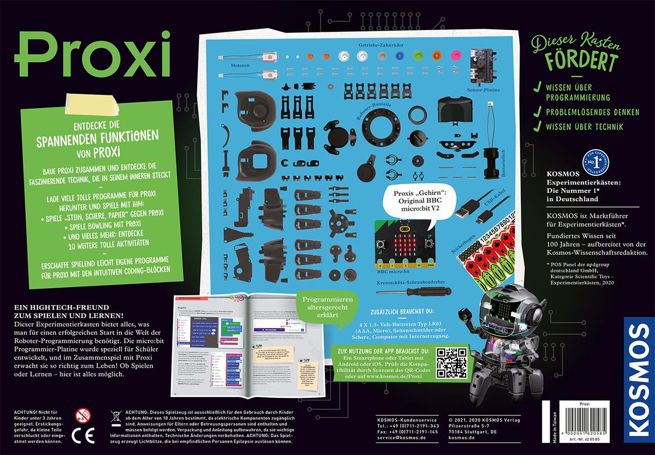 Das Bild zeigt die Verpackung des Produkts "Proxi – Dein micro:bit Programmier-Roboter" mit einer Übersicht über die enthaltenen Bauteile. Es informiert über die Funktionen und Lernmöglichkeiten, die der Roboter durch spielerisches Programmieren bietet.