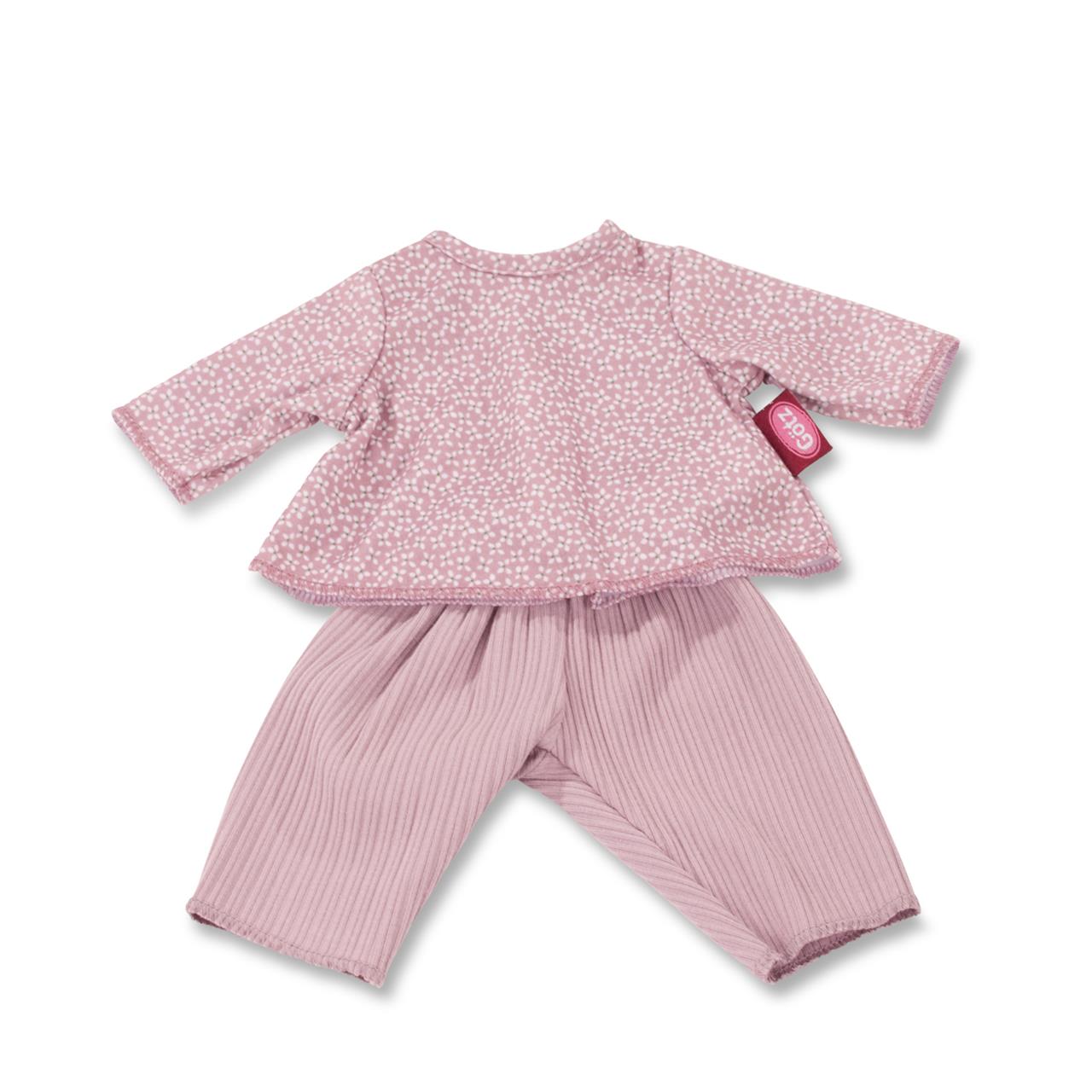 Das Bild zeigt ein zweiteiliges Puppenkleiderset bestehend aus einem rosa Oberteil mit weißem Blumenmuster und einer passenden rosa Hose. Es handelt sich um das Produkt "Götz 3403332 Babykombi Blümchen" für 30 cm große Puppen.