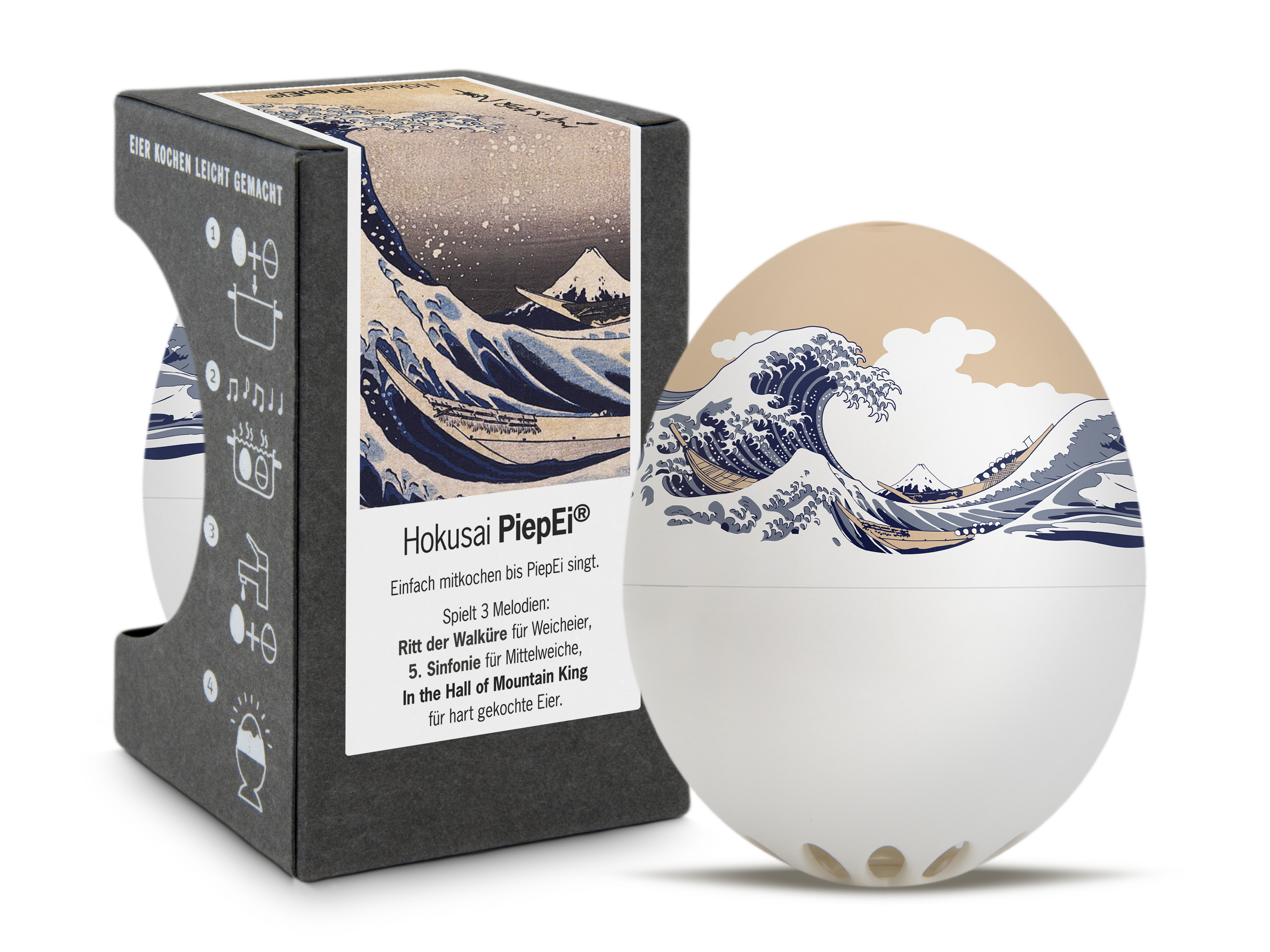 Hier ist das PiepEi Hokusai zu sehen. Das Produkt ist eine spezielle Eieruhr mit Design.