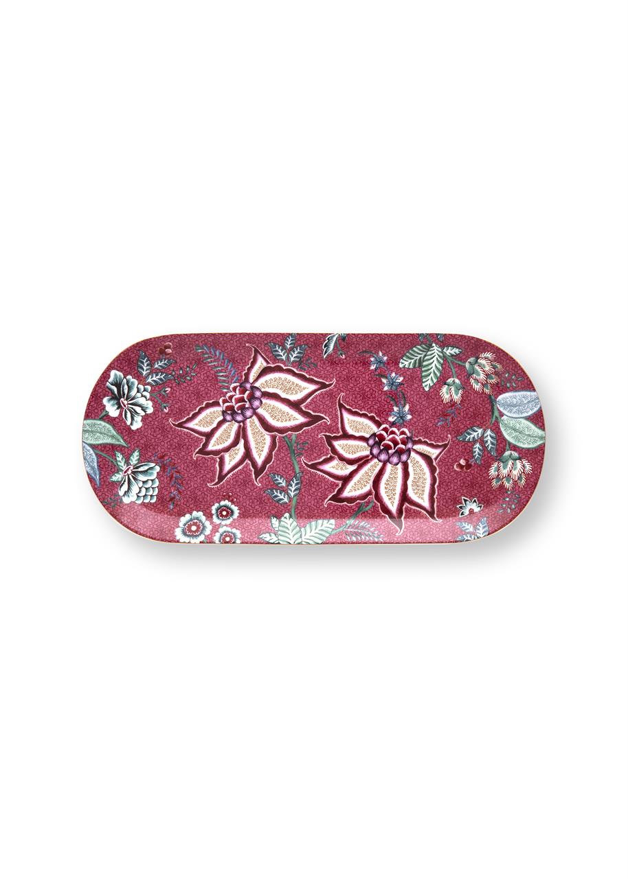 Die abgebildete Kuchenplatte ist rechteckig, dunkelpink und misst 33,3 x 15,5 cm. Sie ist mit farbenfrohen Blumenmotiven aus der Serie „Flower Festival“ verziert.