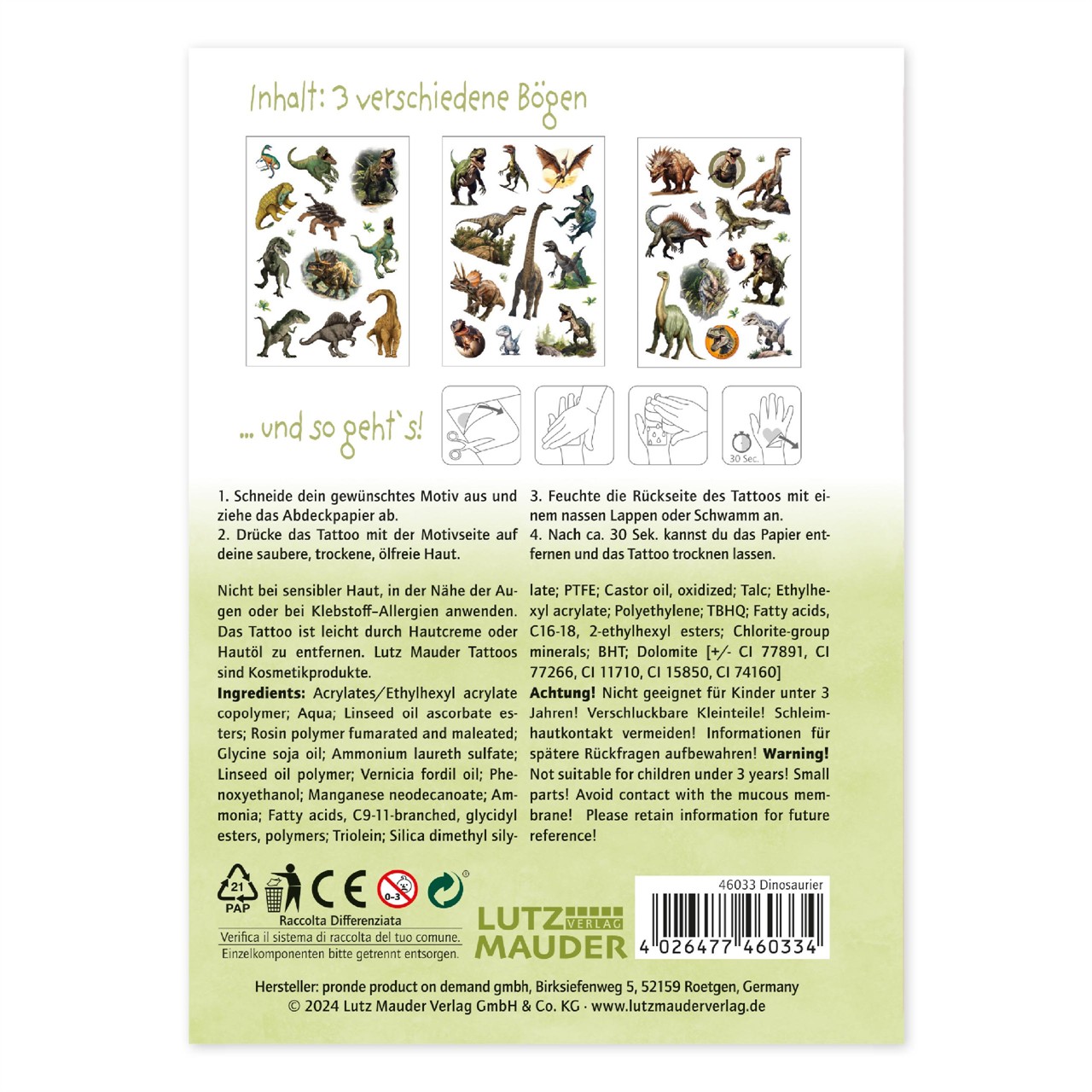 Das Bild zeigt die Rückseite des "Tapirella Tattoo-Set A6, Dinosaurier". Oben sind verschiedene Dinosaurier-Tattoo-Motive abgebildet und darunter befindet sich eine Anleitung zur Anwendung der Tattoos.