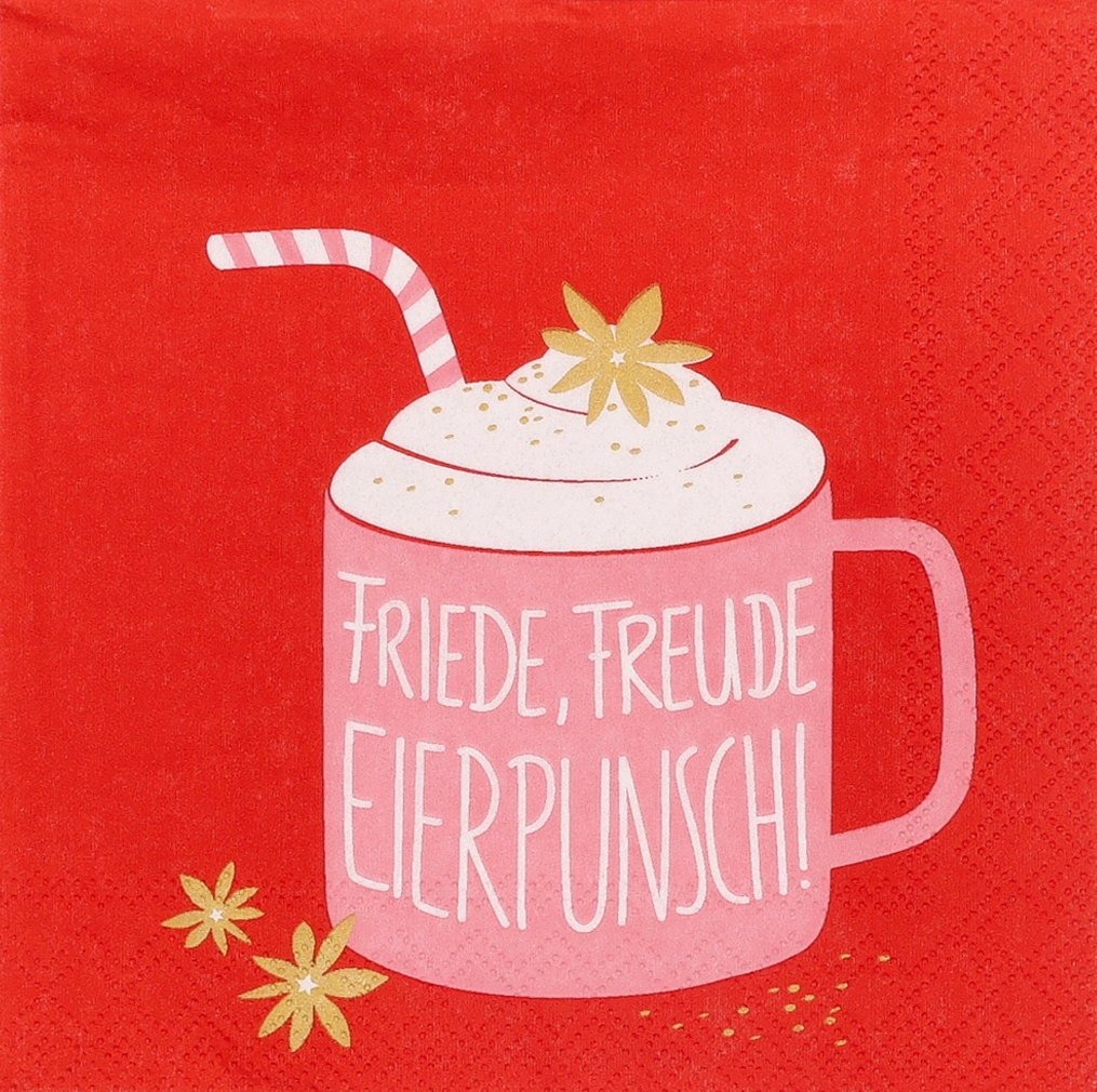 Cocktailserviette mit dem Spruch 'Friede Freude Eierpunsch'. Die Serviette ist geeignet für jede Weihnachtsfeier.