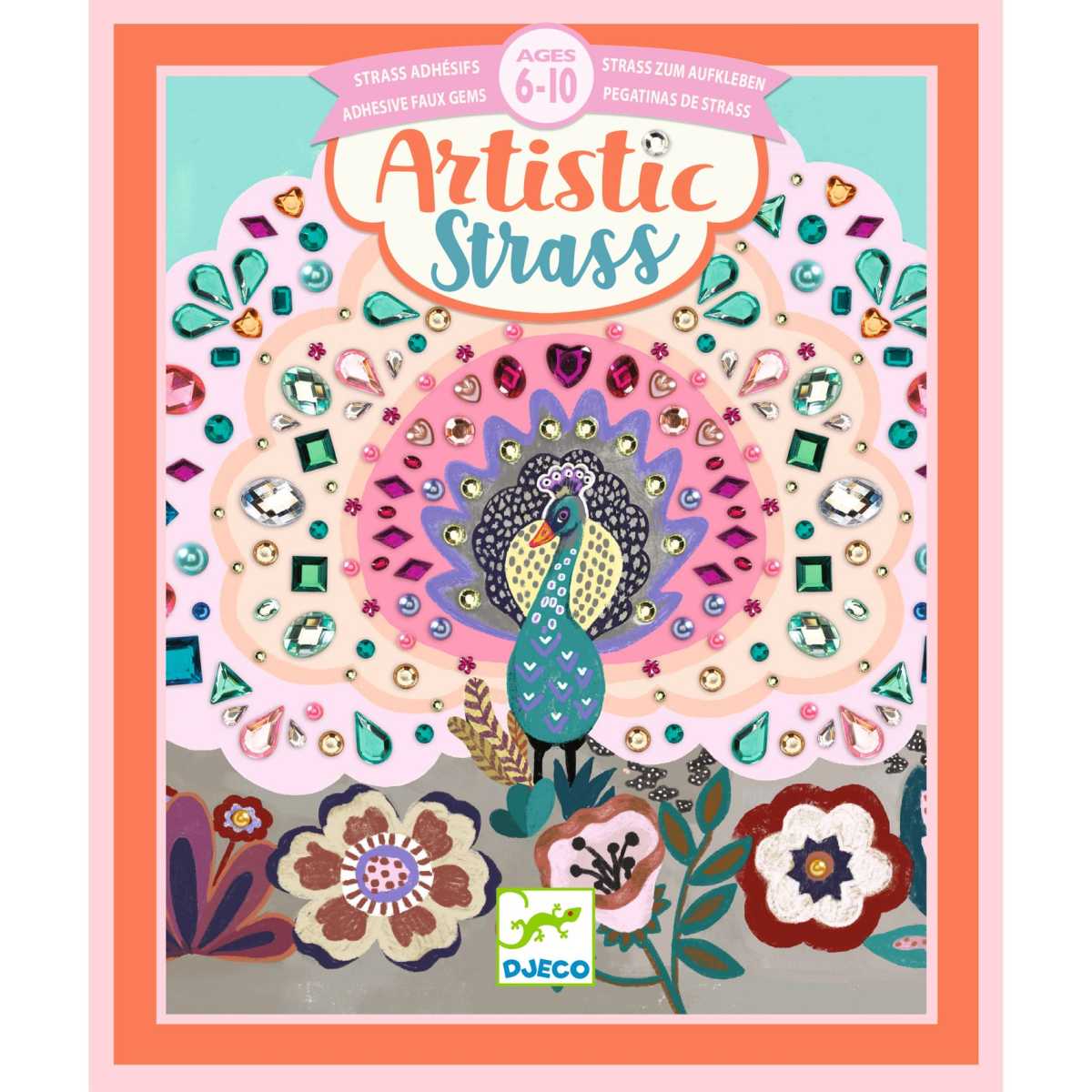 Das Bild zeigt das Produkt "Artistic Strass Wilde Schönheit" von Djeco, das für Kinder im Alter von 6 bis 10 Jahren geeignet ist. Auf der Verpackung ist ein bunter Pfau mit funkelnden Strasssteinen und Blumen zu sehen.