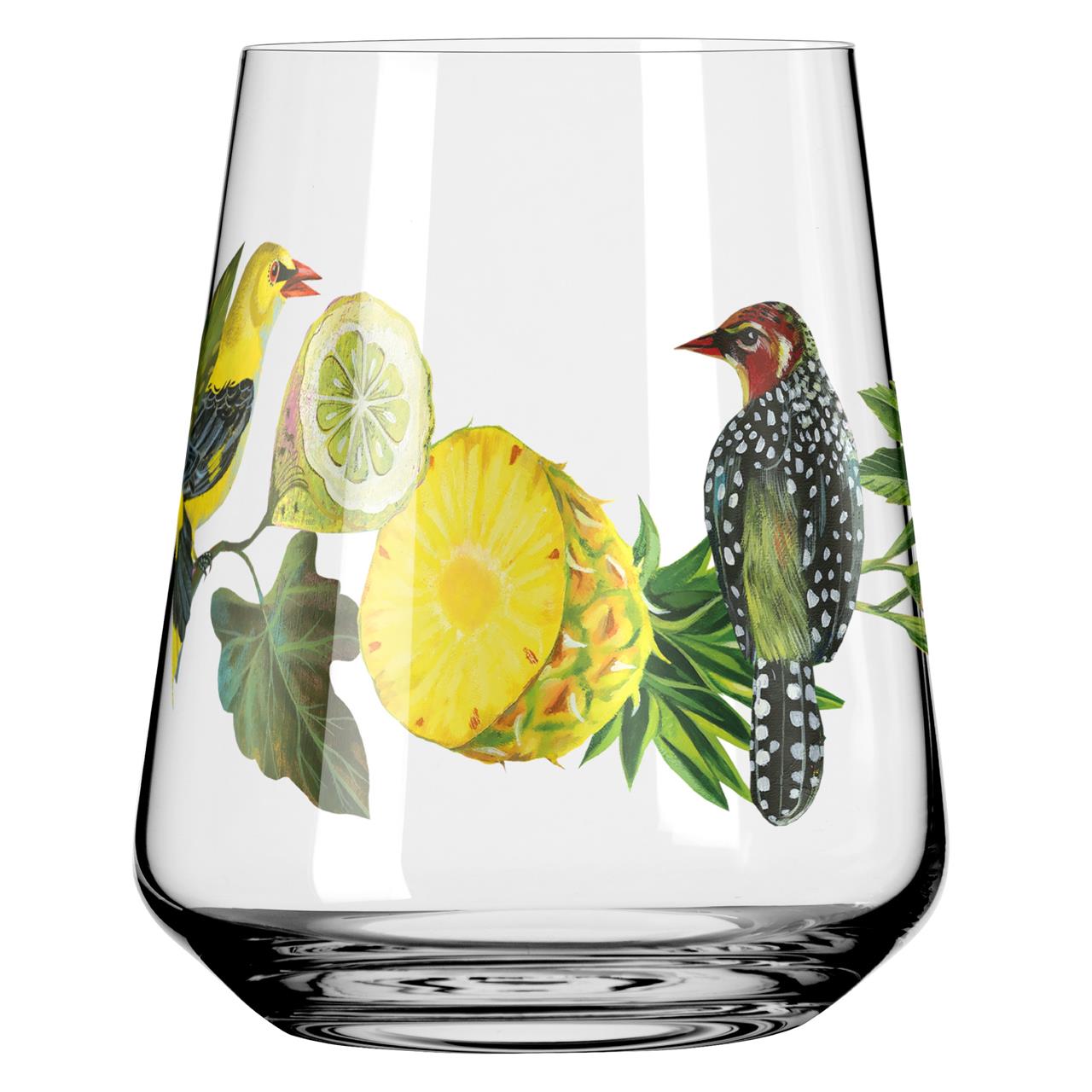 Das Glas ist mit bunten Motiven von Vögeln und tropischen Früchten wie Ananas verziert. Es wirkt fröhlich und sommerlich.
