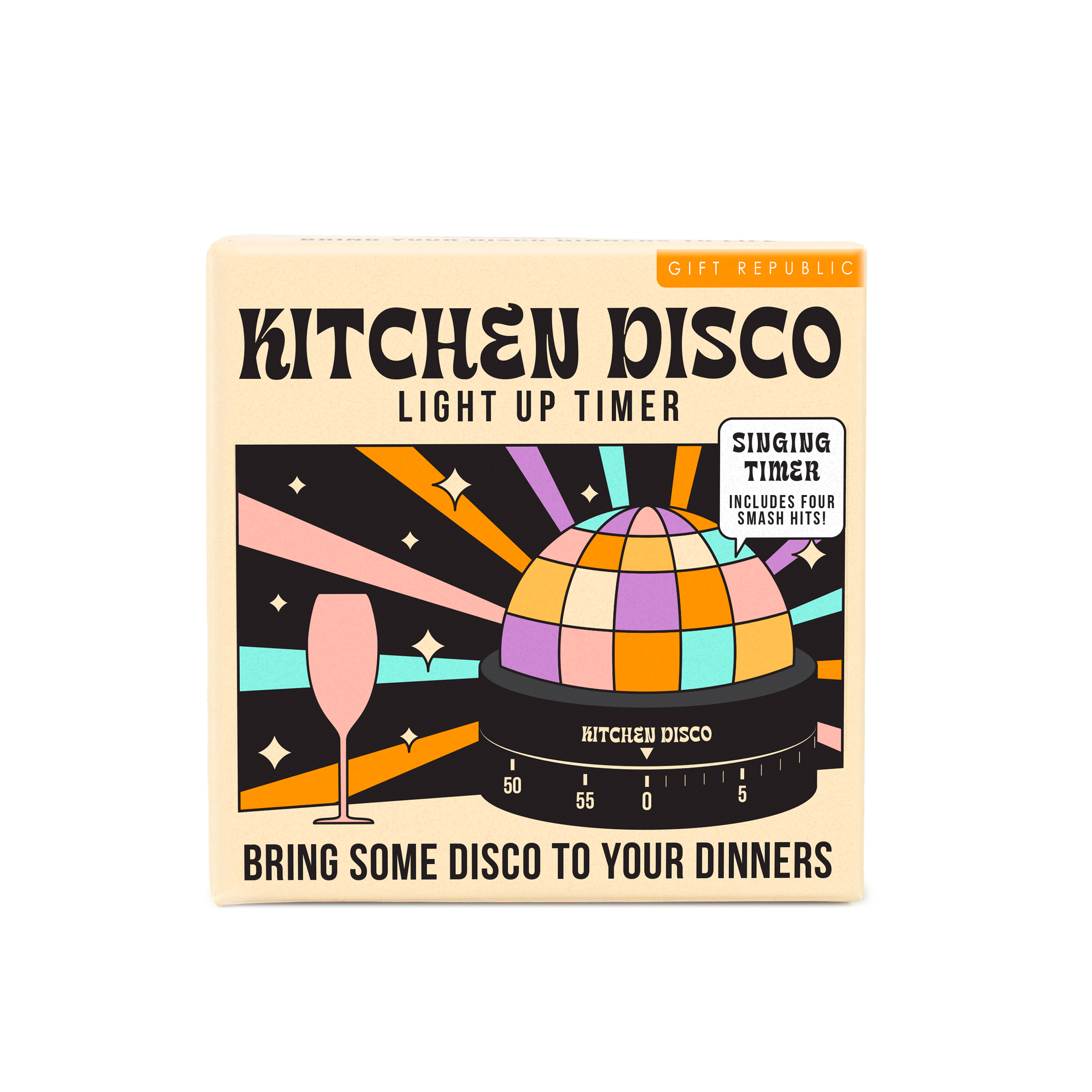 Die Verpackung eines Disco-Küchentimers ist abgebildet. Informationen und Gestaltung des Produkts sind zu erkennen.