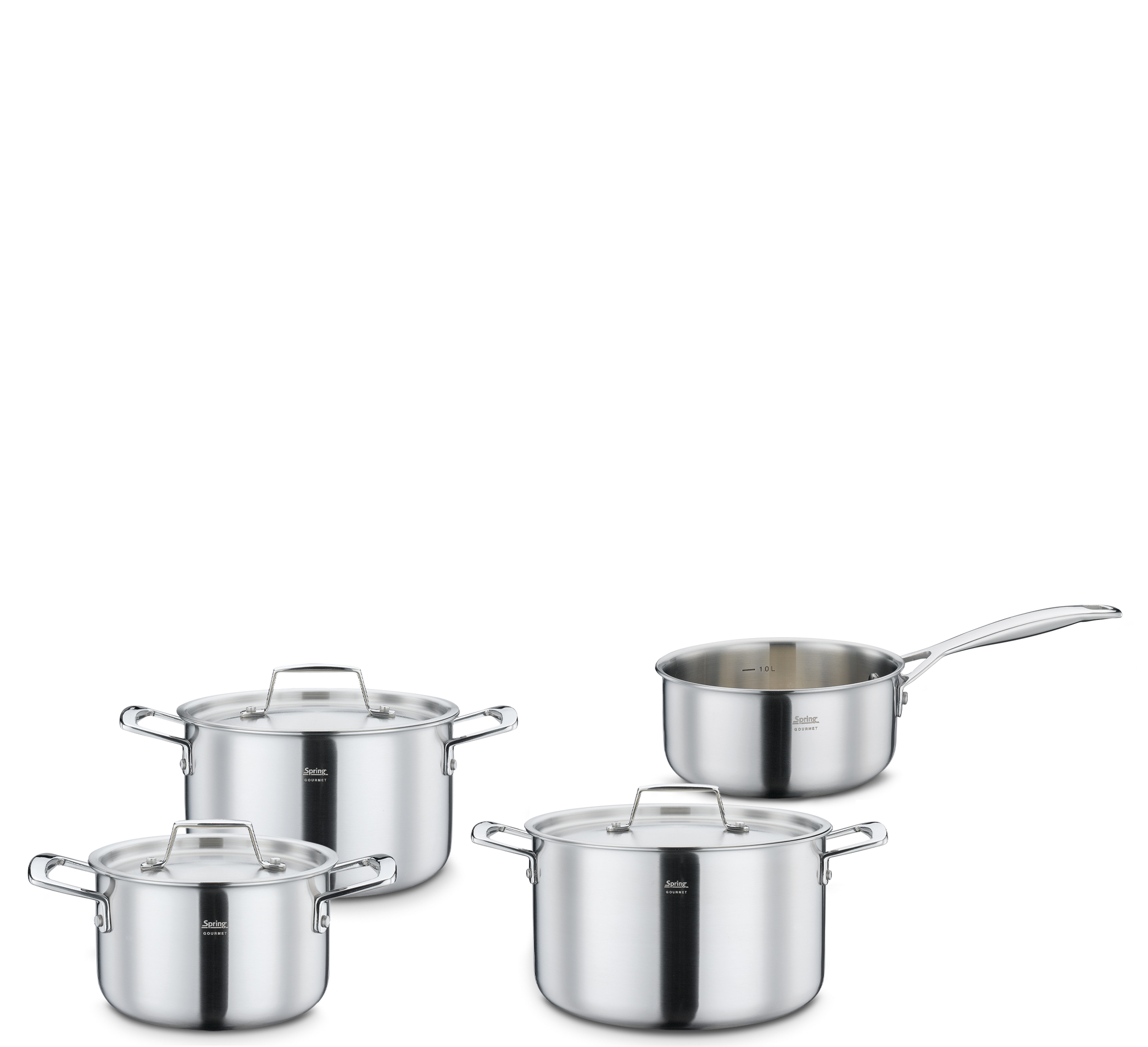 Hier ist ein vierteiliges Gourmet Topf Set abgebildet. Das Set eignet sich hervorragend zum Zubereiten verschiedenster Gerichte in der Küche.