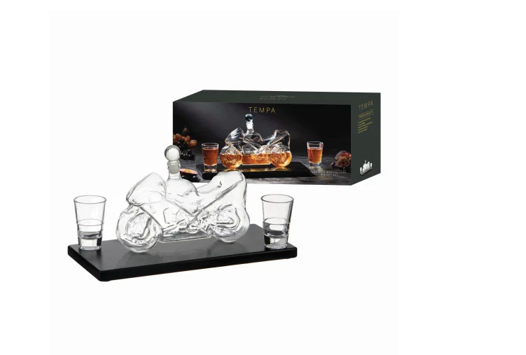 Das Bild zeigt das Whiskey-Set Motorrad Preston. Dieses Set ist ideal für Whiskey-Liebhaber mit einer Vorliebe für Motorräder.