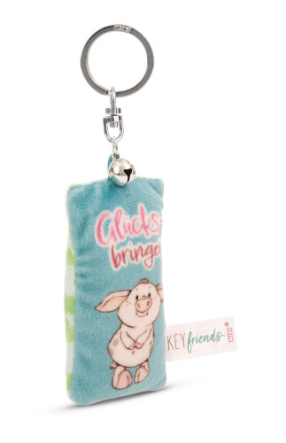 Auf dem Bild ist ein rechteckiger Schlüsselanhänger mit einem Plüschschwein zu sehen. Auf dem Anhänger steht in rosa Schrift „Glücksbringer“.