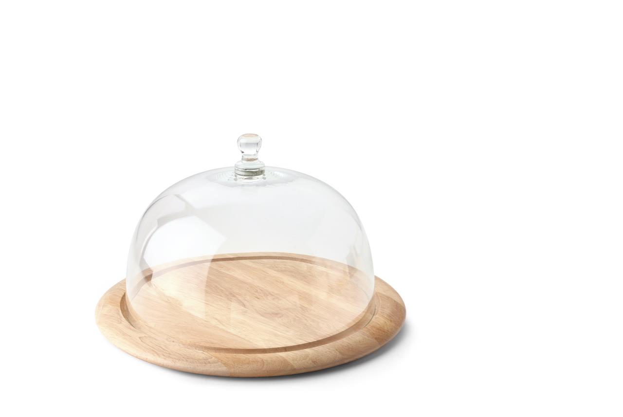 Auf dem Bild ist eine zweiteilige Käseglocke zu sehen, bestehend aus einer runden Holzplatte und einer gläsernen Haube. Die Platte hat einen Durchmesser von 33 cm und ist aus Gummibaumholz gefertigt.