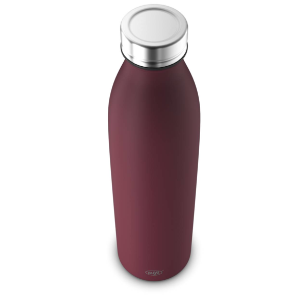Ein Produktbild zeigt eine dunkelrote Isolierflasche. Sie steht auf einer hellen Oberfläche.