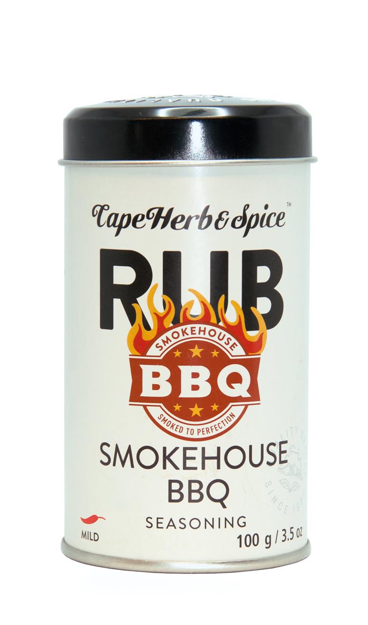 Das Bild zeigt eine Dose mit der Aufschrift "Rub Smokehouse BBQ" von Cape Herb & Spice. Es handelt sich um ein BBQ-Gewürz mit einem Gewicht von 160g.