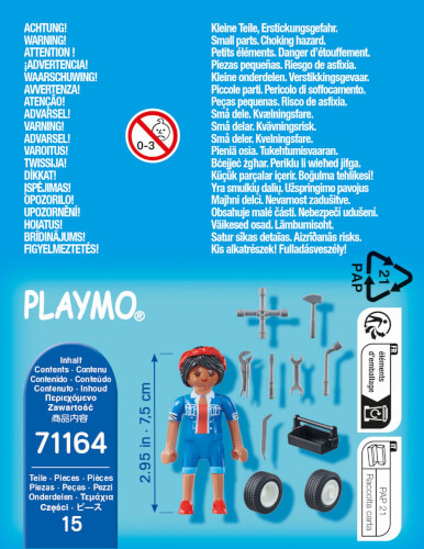 Das Bild zeigt eine Playmobil-Figur mit Zubehörteilen wie Werkzeugen und Reifen. Oben auf der Verpackung wird vor verschluckbaren Kleinteilen für Kinder unter 3 Jahren gewarnt.