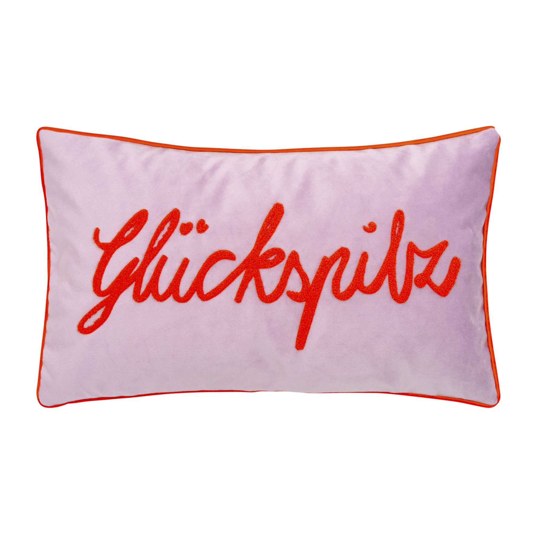 Kissen LETTERS GLÜCKSPILZ -lilac, 30 x 50 cm mit Füllung. Das Kissen hat eine lila Farbe und einen Schriftzug.