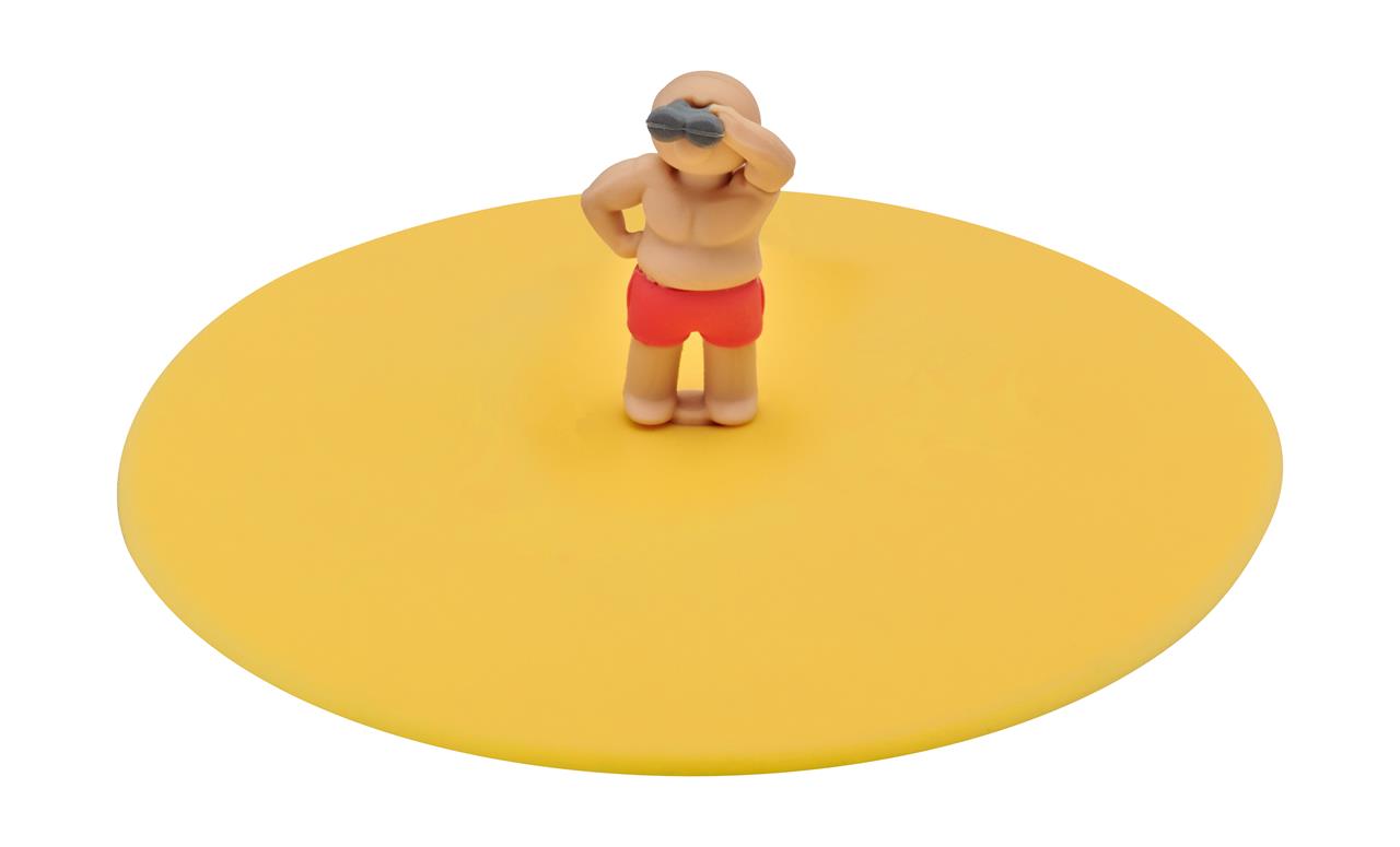 Das Bild zeigt das Produkt "Mein Deckel Willy Watch". Auf dem gelben Deckel steht eine kleine Figur mit Sonnenbrille und roter Badehose.