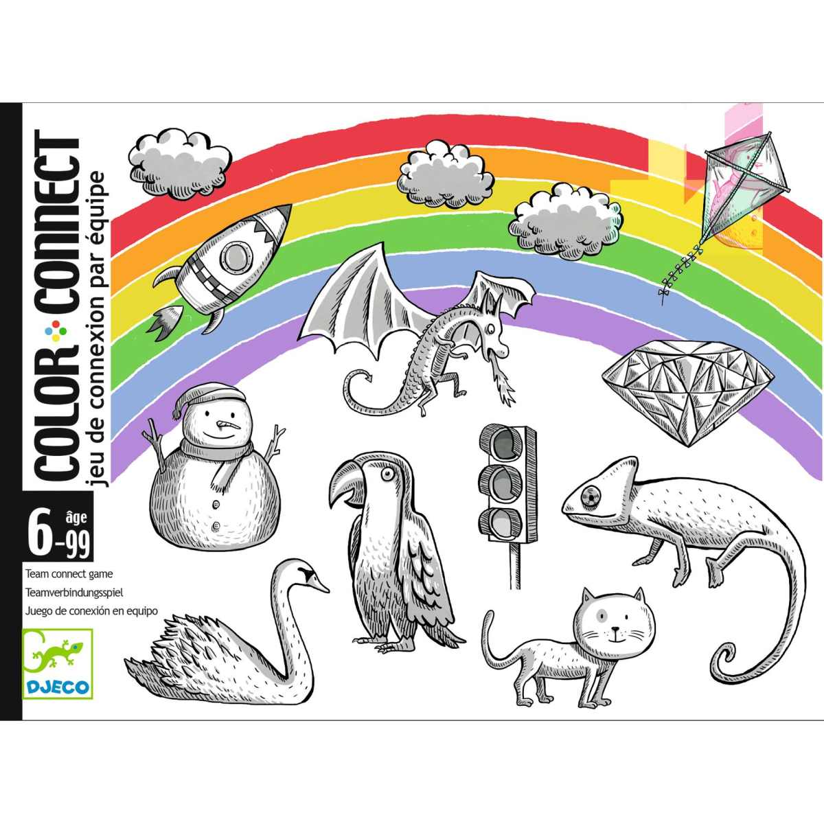 Das Bild zeigt die Verpackung des Kartenspiels „Color Connect“ mit buntem Regenbogen und verschiedenen schwarz-weißen Zeichnungen von Tieren und Gegenständen. Das Spiel ist für Kinder ab 6 Jahren geeignet.