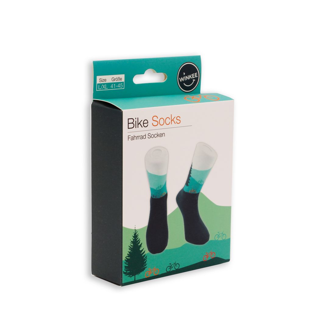 Das Produkt ist Socken Fahrrad Gr. 41-45. Die Socken zeigen ein Fahrrad-Motiv und passen für Größe 41 bis 45.
