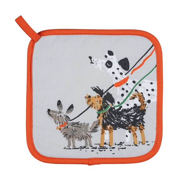 Das Bild zeigt einen Topflappen aus Baumwolle mit dem Namen "Dog Days". Auf dem Topflappen sind drei gezeichnete Hunde an Leinen abgebildet und er ist mit einem orangen Rand versehen.