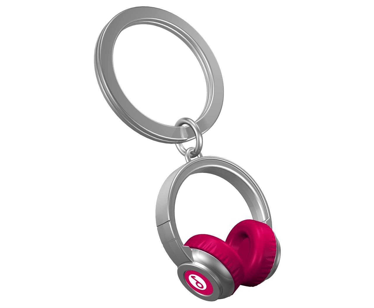 Der Schlüsselanhänger zeigt einen kleinen Kopfhörer in pink und silber. Er ist poliert und misst 7,3 x 3,5 x 3,7 cm.